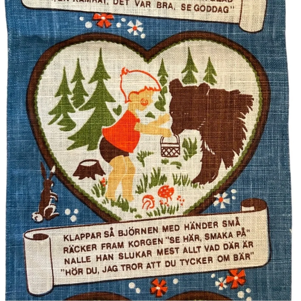 Vintage Mid-Century Scandinavian Textile Art Wall Hanging Retro Boy & Bear Story